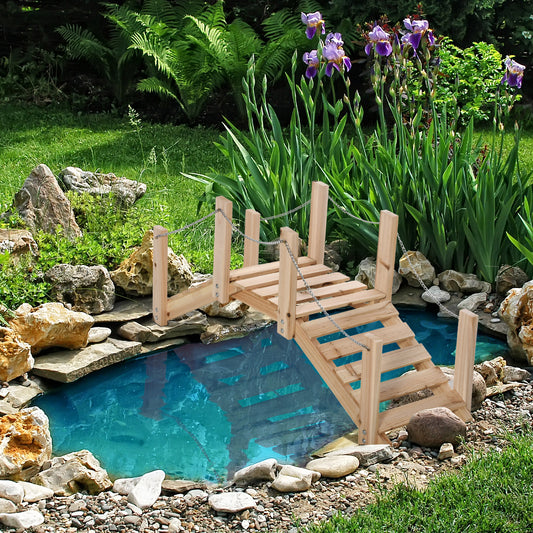Outsunny Small Fir Wooden Garden Bridge With Arch Walkway And Metal Chain Railings For Landscape Creek Pond
