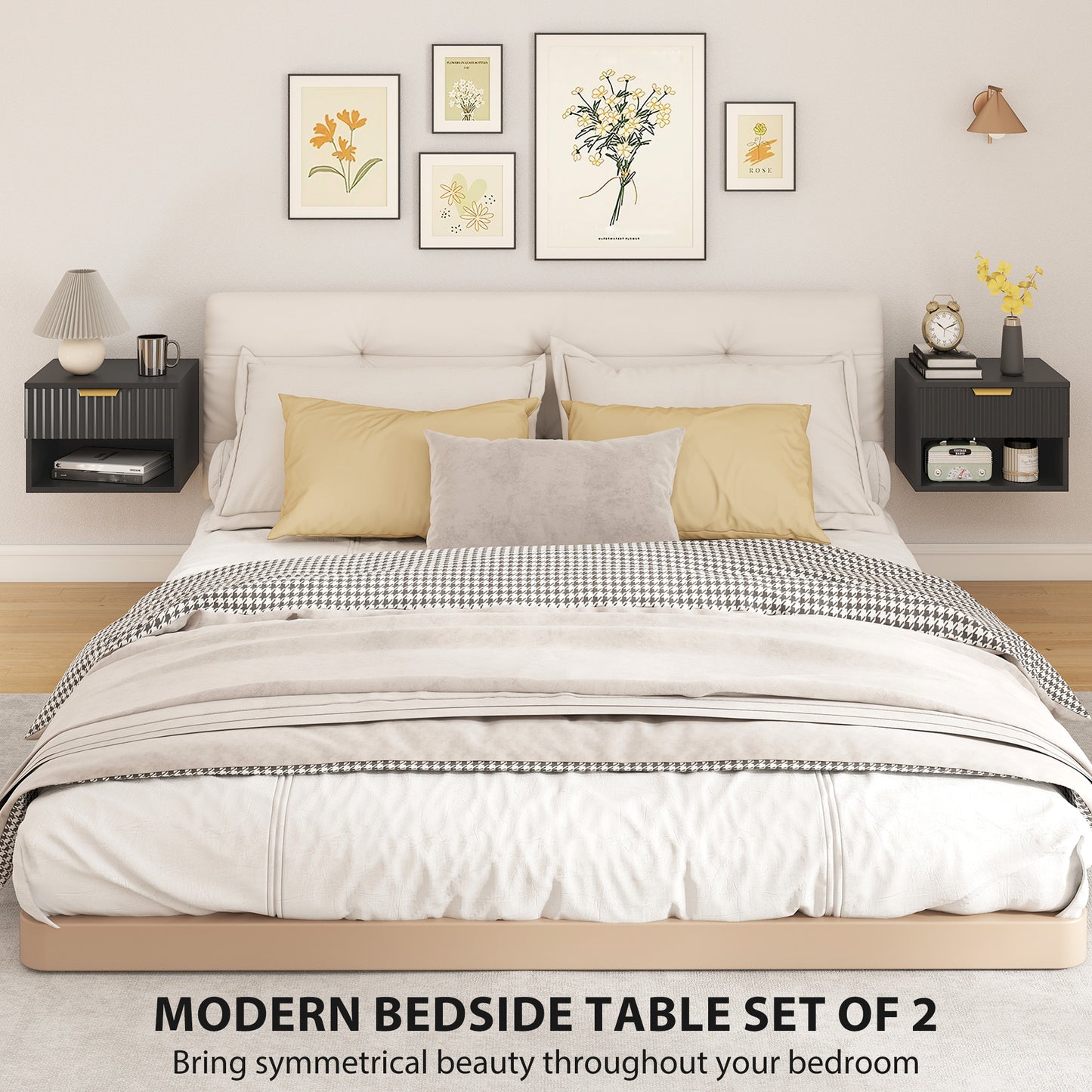 HOMCOM Floating Nightstands Set of 2 Modern Wall Mounted Bedside Tables Black Space Saving