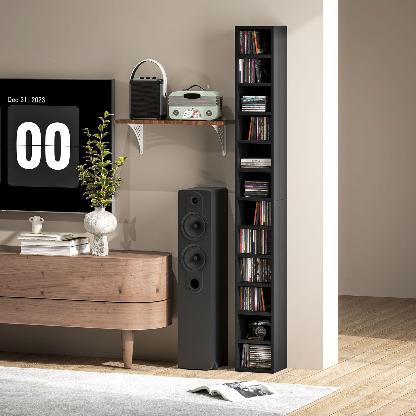 HOMCOM 204 CD Tall Narrow Media Storage Tower Black Space Saving 12 Tier Anti Tip CD Rack