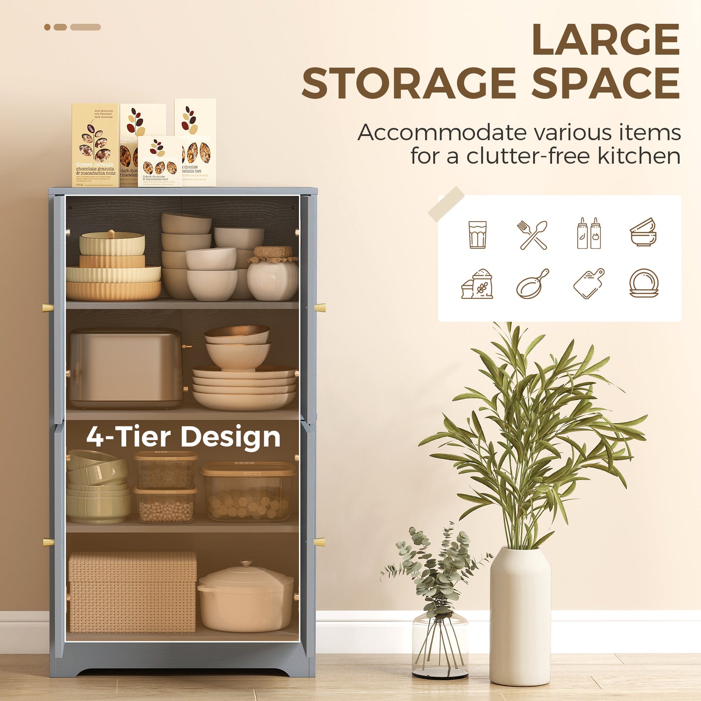 HOMCOM 4 Door Kitchen Storage Cabinet With Adjustable Shelves Grey Arched Door Panels And Gold Tone Handles