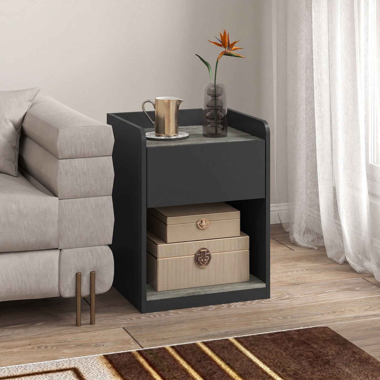 Modern Bedside Nightstand With Drawer Shelf And Cable Holes Grey