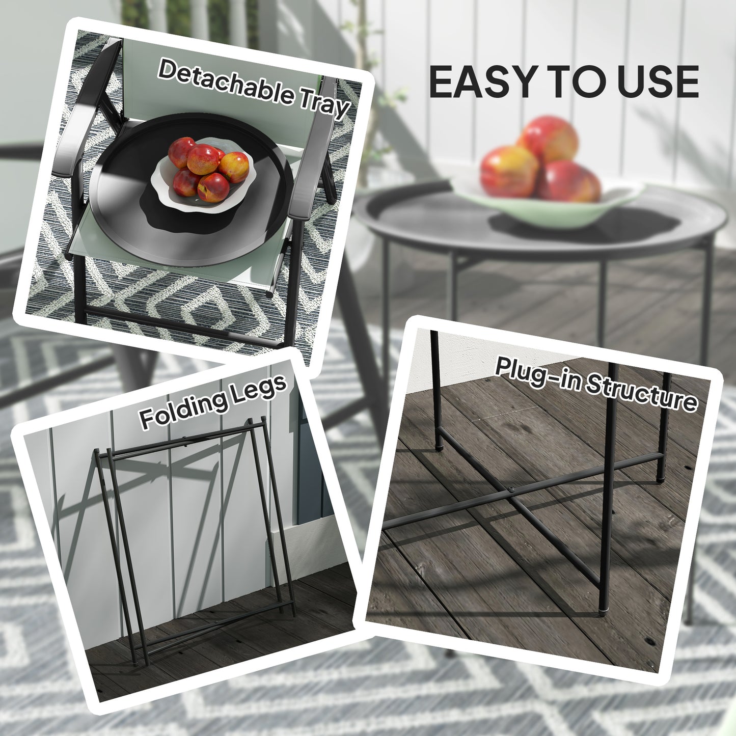 Outsunny Steel Removable Tray Top Garden Table With Folding Legs Black Outdoor Coffee Table For Patio Balcony