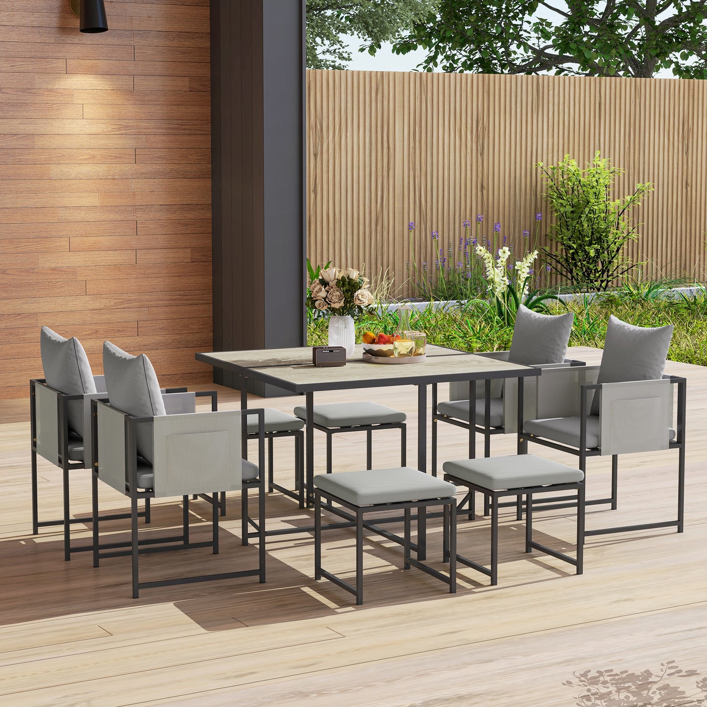 Outsunny Nine Piece Steel Frame Garden Dining Set With Cushions Grey Outdoor Furniture