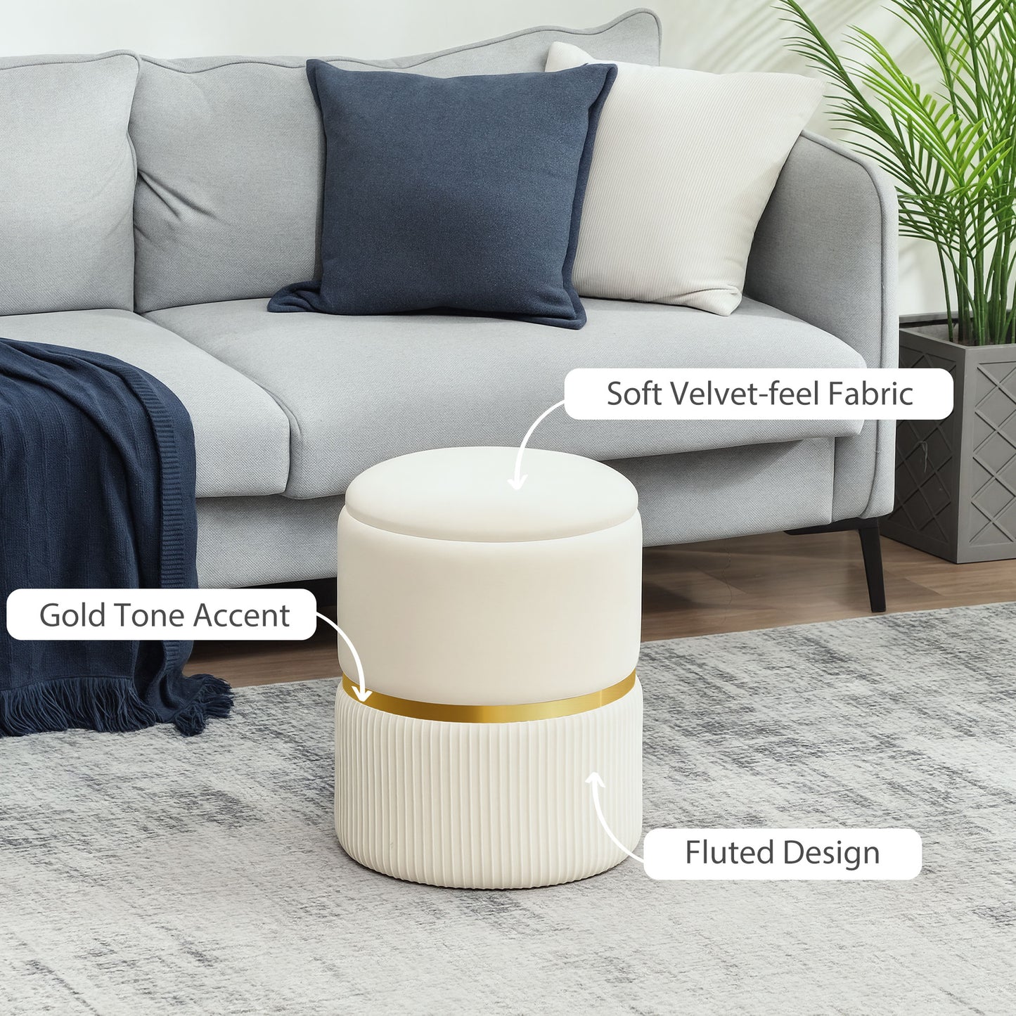 HOMCOM Velvet Upholstered Round Storage Ottoman With Removable Top Padded Seat And Hidden Storage Beige