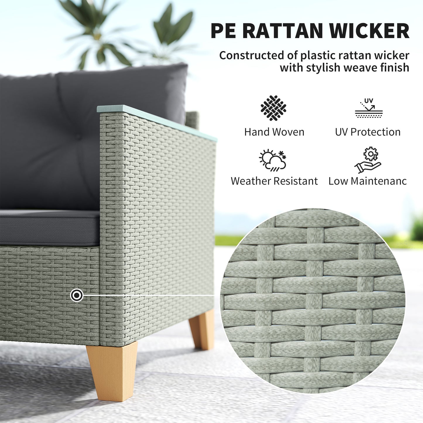 Outsunny 3 Piece Rattan Garden Furniture Set L Shaped Sofa Chaise Lounge With Wood Top Coffee Table Charcoal Grey