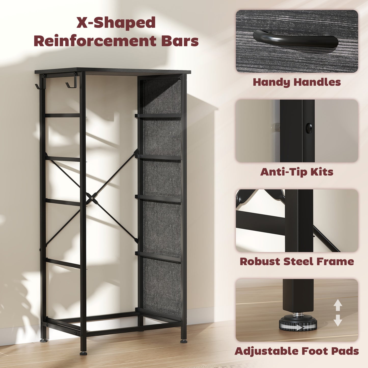 HOMCOM Five Drawers Fabric Chest of Drawers with Steel Frame and X Bar Support Black