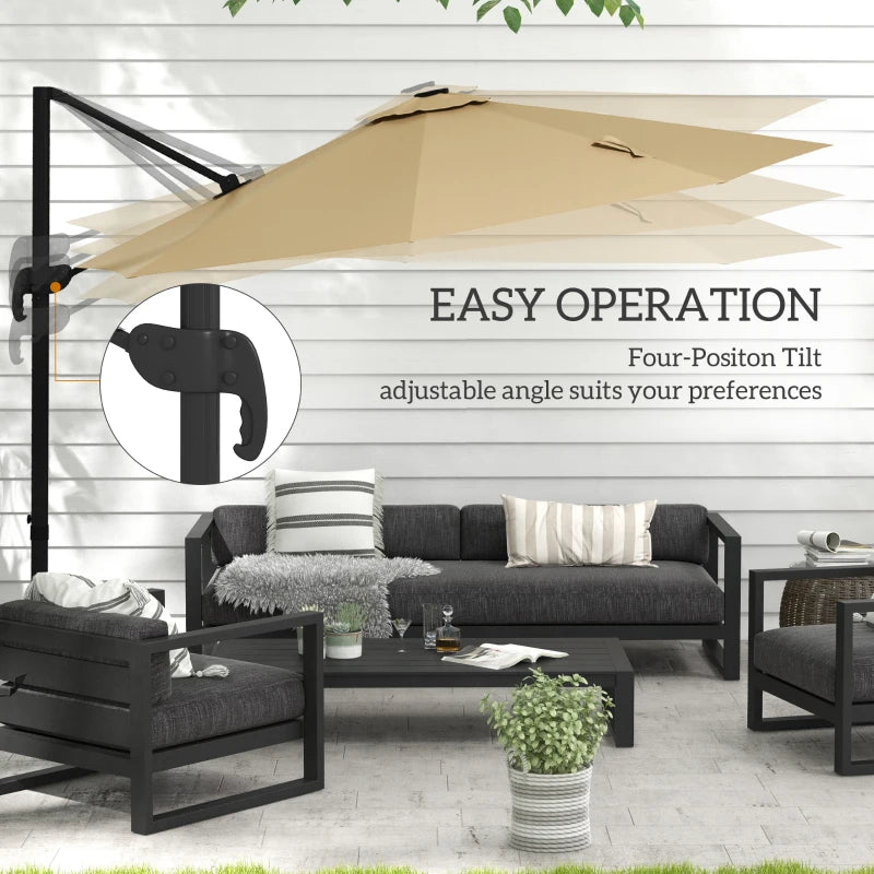 Outsunny 3m Adjustable Cantilever Parasol with Base and Solar LED Lights, Khaki – Outdoor Patio Umbrella - ALL4U RETAILER LTD