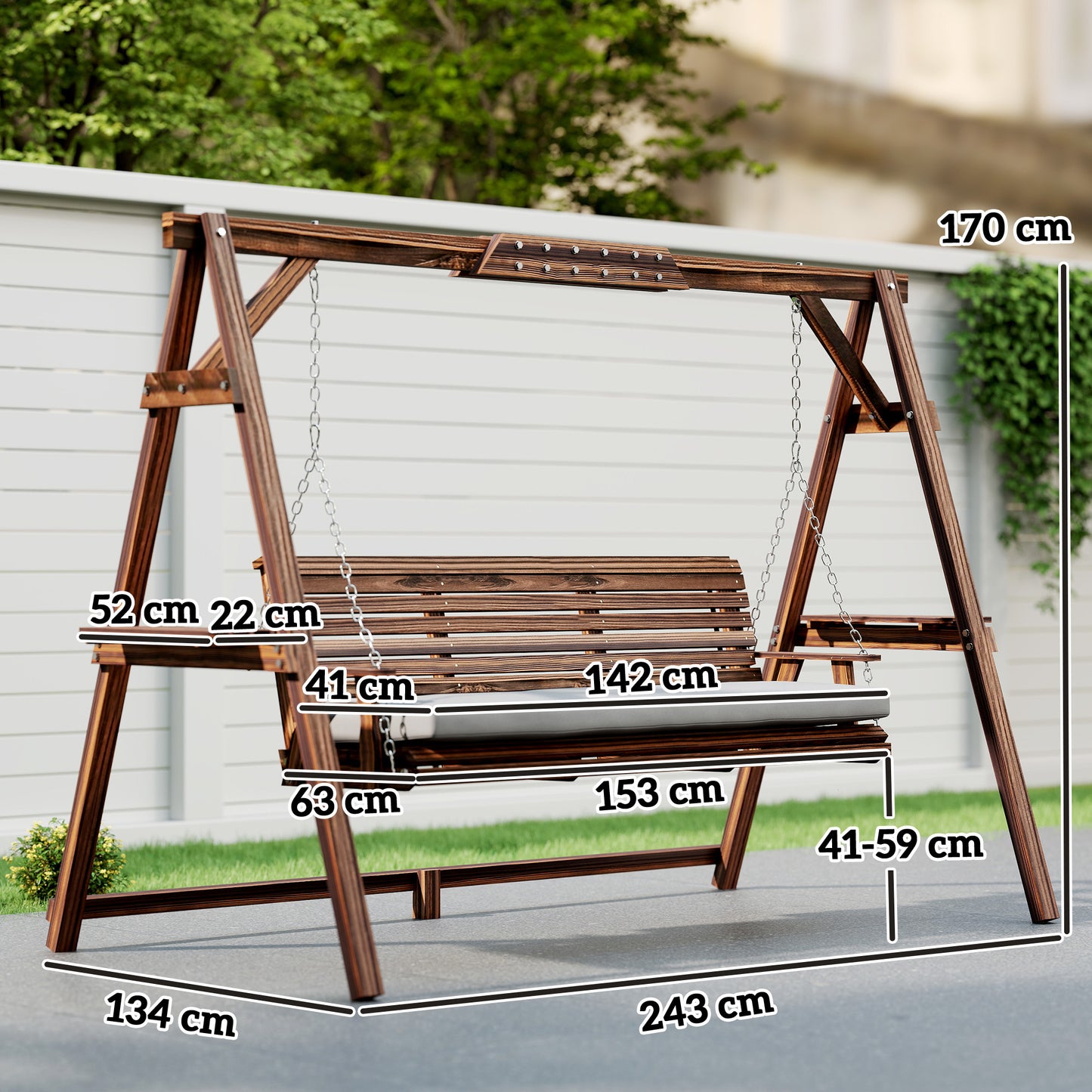 Outsunny 3 Seater Garden Swing Chair Bench With Cushion Side Trays Metal Chains Outdoor Porch Patio Carbonised Brown