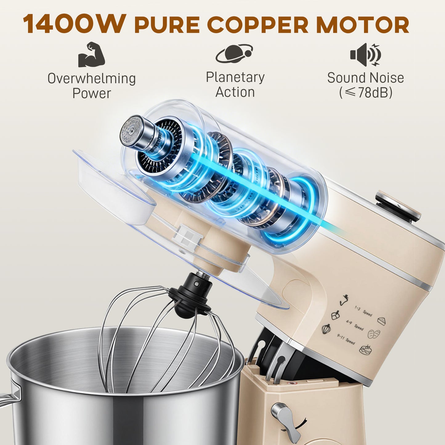 HOMCOM Stand Mixer 6L 1400W Tilt Head Food Mixer With 11 Speeds Pulse Fermentation Function LED Display Cream