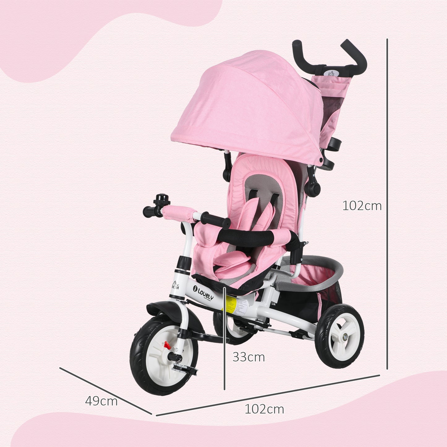 HOMCOM Transformable 4-in-1 Kids Trike with Canopy, Push Handle, and Safety Features - Pink - ALL4U RETAILER LTD