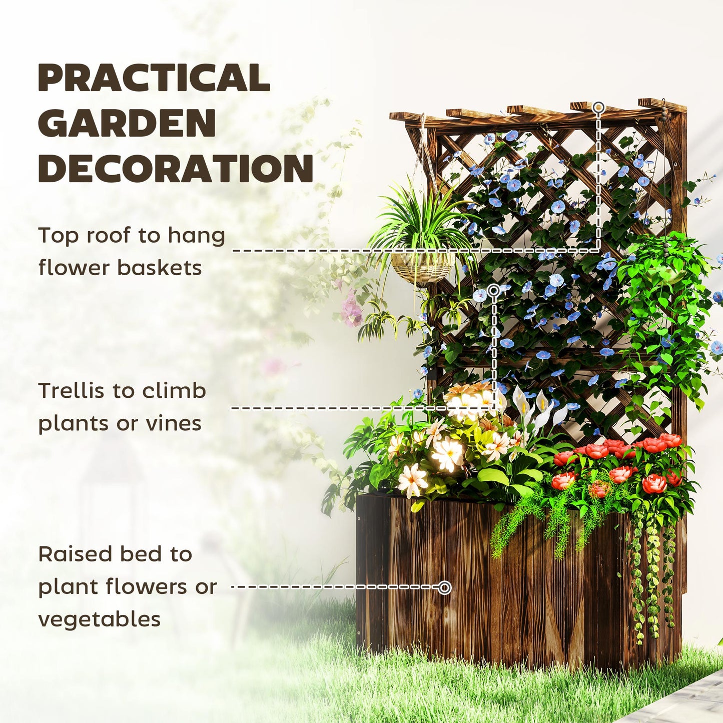 Outsunny Wooden Planter With Trellis Freestanding Raised Garden Bed Drainage Holes Liner For Vegetables And Herbs