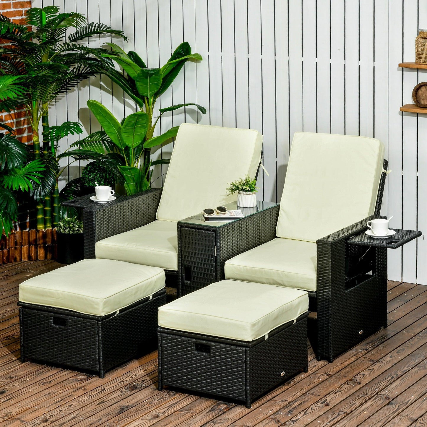 Outsunny Recliner Rattan Sun Lounger w/ Storage Tea Table & Footstools, Balck - ALL4U RETAILER LTD