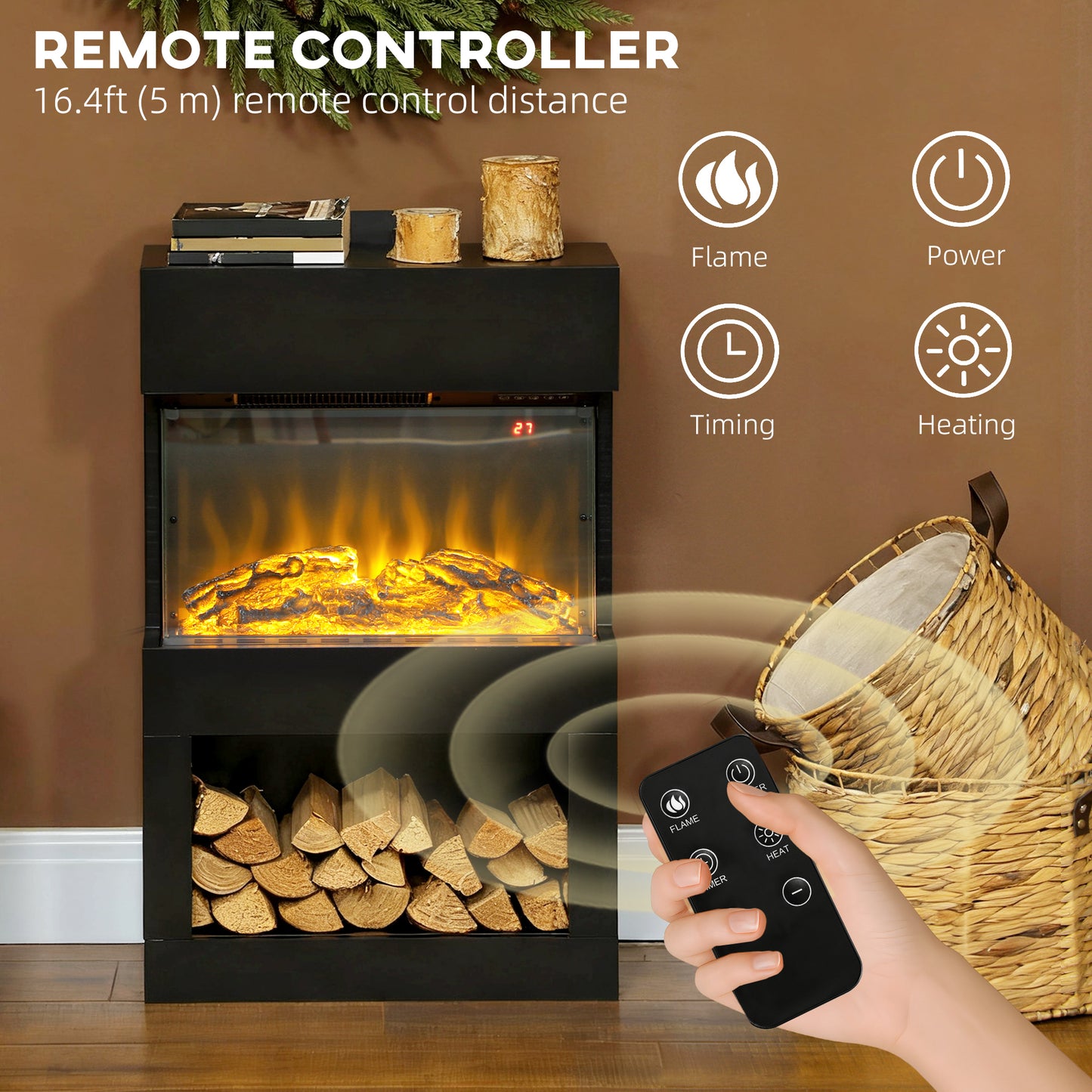 HOMCOM 19 Inch Electric Fireplace With Surround Mantel 3D Flame 6 Colours 3 Brightness Levels 1000W 2000W Remote Timer