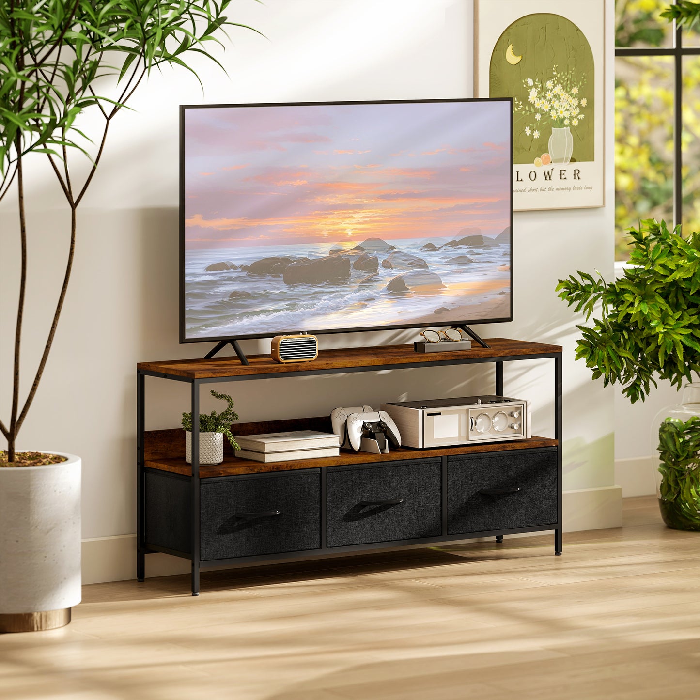 HOMCOM TV Stand Cabinet With 3 Foldable Drawers In Rustic Brown For 55 Inch TV Dual Color Modern Centerpiece