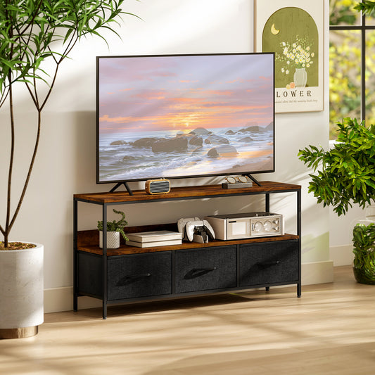 HOMCOM TV Stand Cabinet With 3 Foldable Drawers In Rustic Brown For 55 Inch TV Dual Color Modern Centerpiece