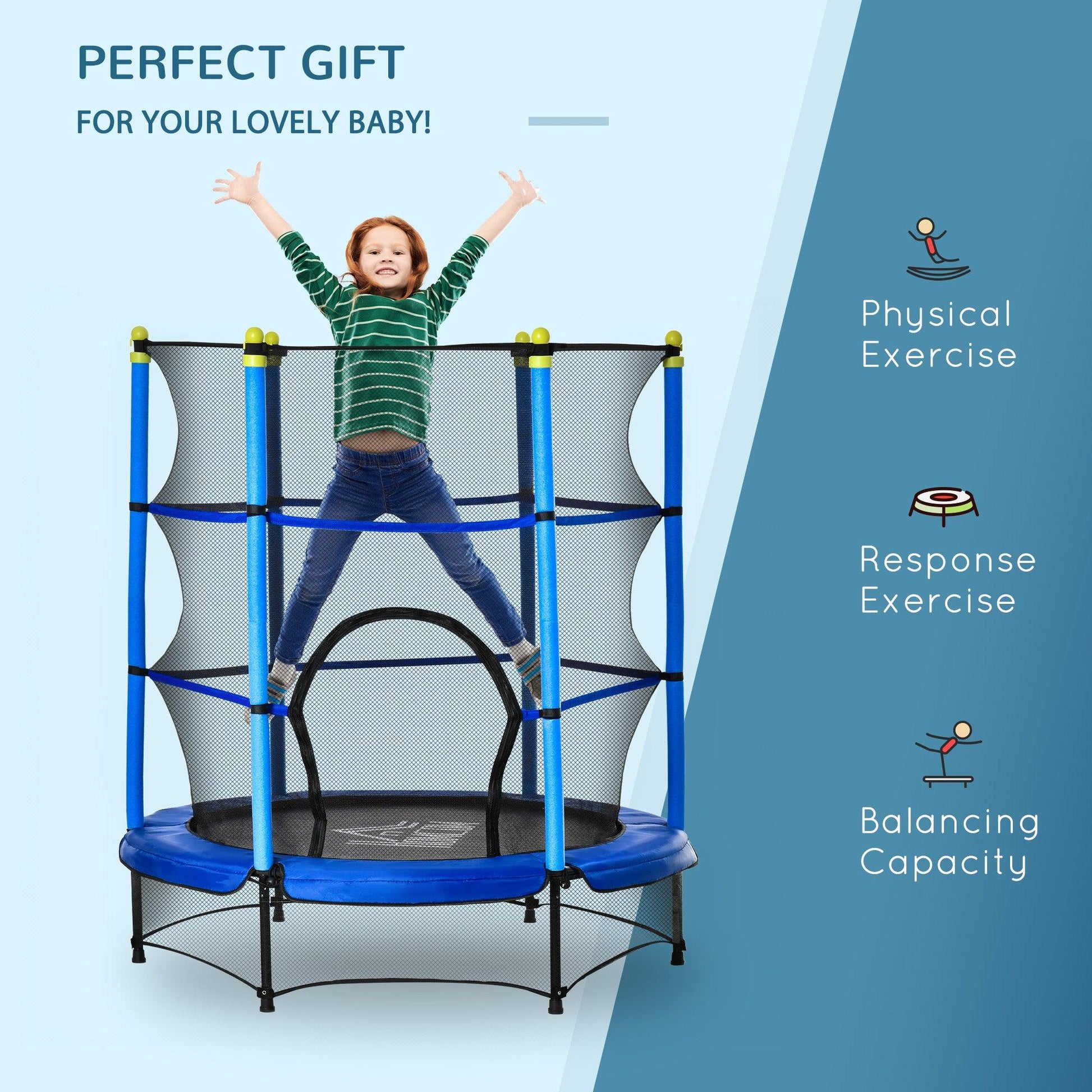 HOMCOM 5.2FT Kids Trampoline with Safety Enclosure, Indoor Outdoor - Blue - ALL4U RETAILER LTD