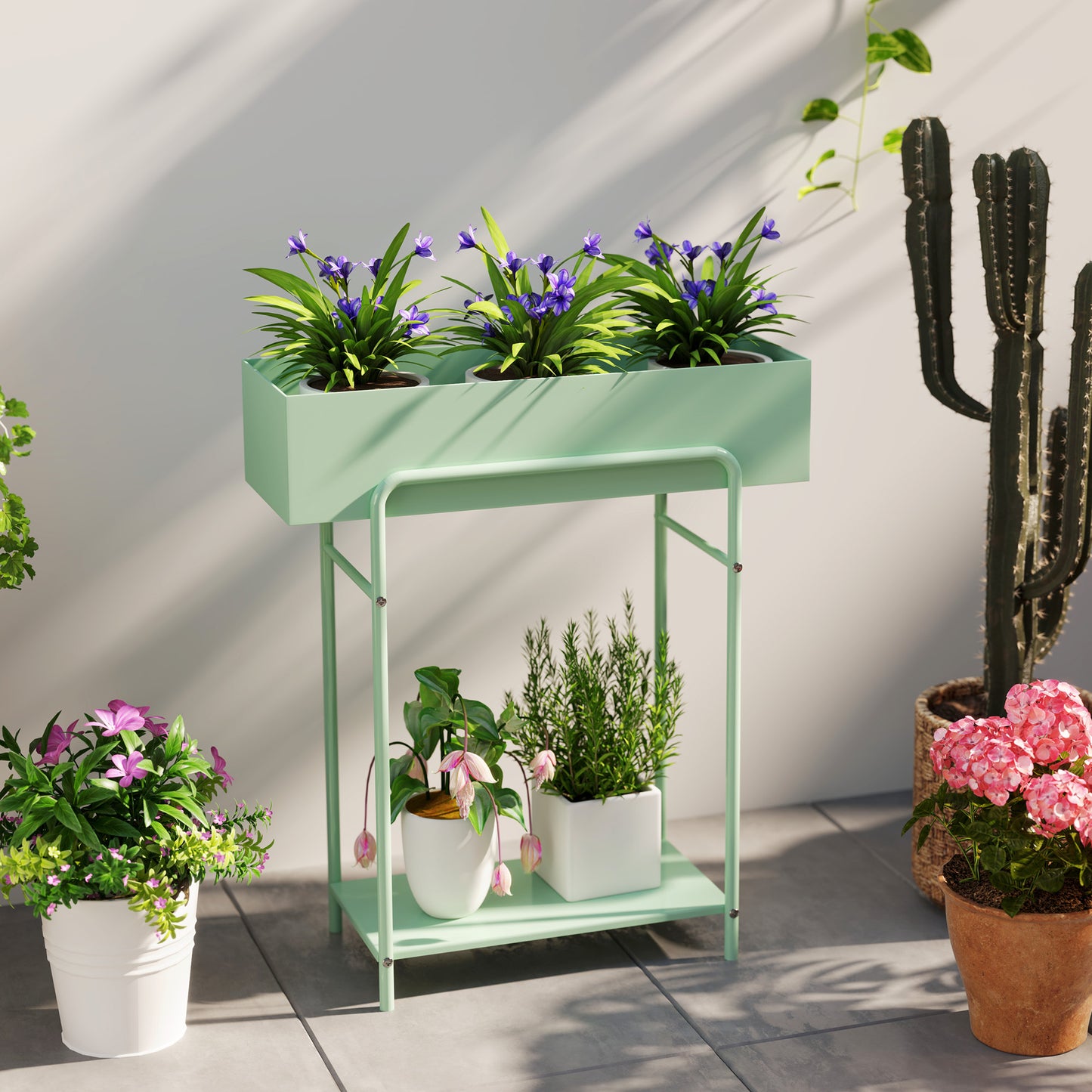 Outsunny Two Tier Metal Plant Stand With Drain Holes Floor Standing Indoor Outdoor Garden Patio Balcony