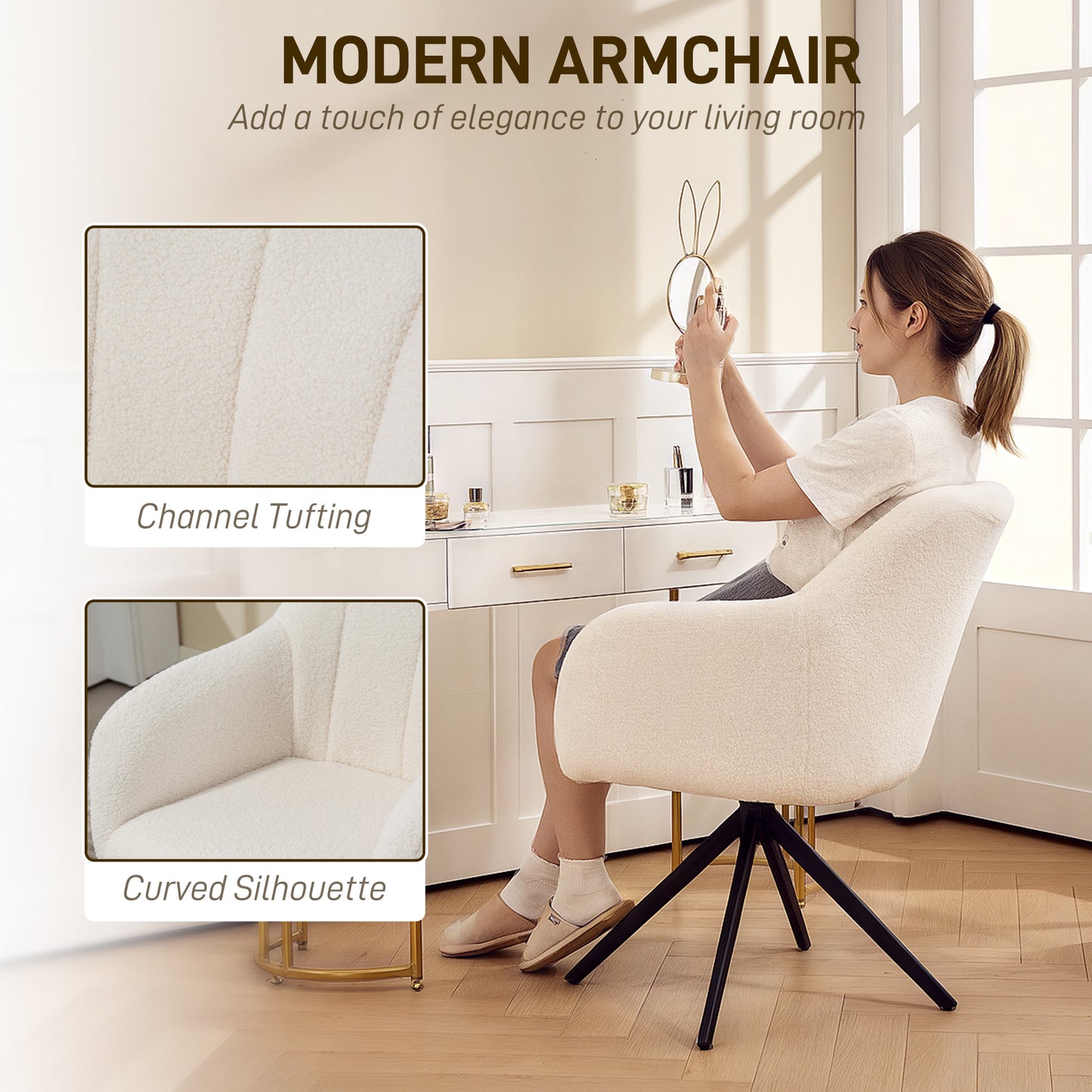 HOMCOM 360 Degree Swivel Accent Chair Teddy Fleece Armchair With Steel Legs for Living Room Bedroom Home Office White