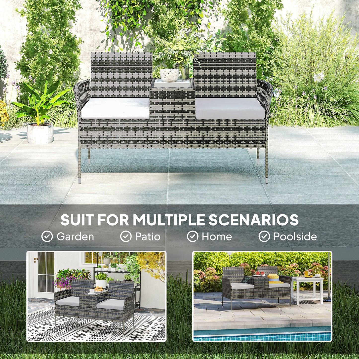 Outsunny Two Seat Rattan Chair With Middle Table Outdoor Patio Set Charcoal Grey Tempered Glass Top