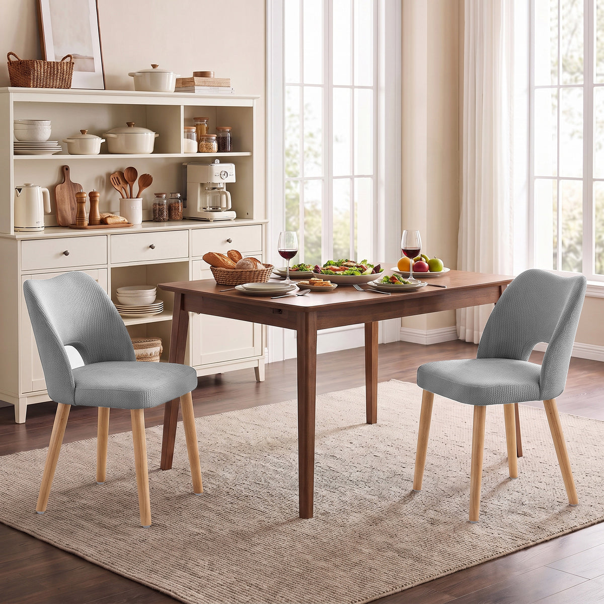 Set of 2 grey chenille dining chairs with tall curved backs and rubberwood legs