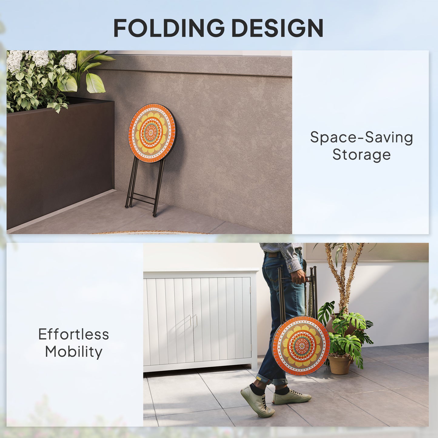 Outsunny Mosaic Outdoor Garden Table 35.5cm Round Folding Coffee Table With Metal Frame For Balcony Terrace Orange