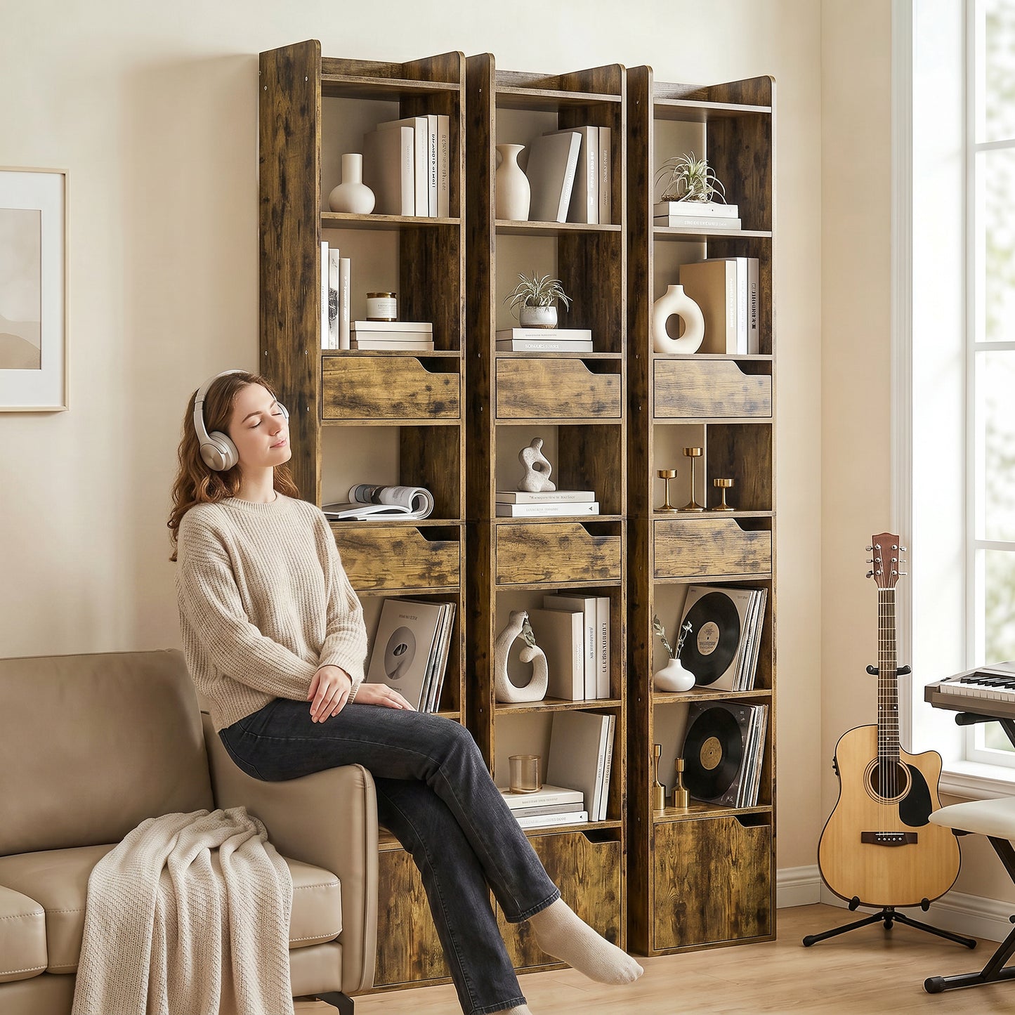 HOMCOM Tall Narrow Bookcase With 5 Tiers Drawers Freestanding Bookshelf Storage Cabinet for Living Room Rustic Brown