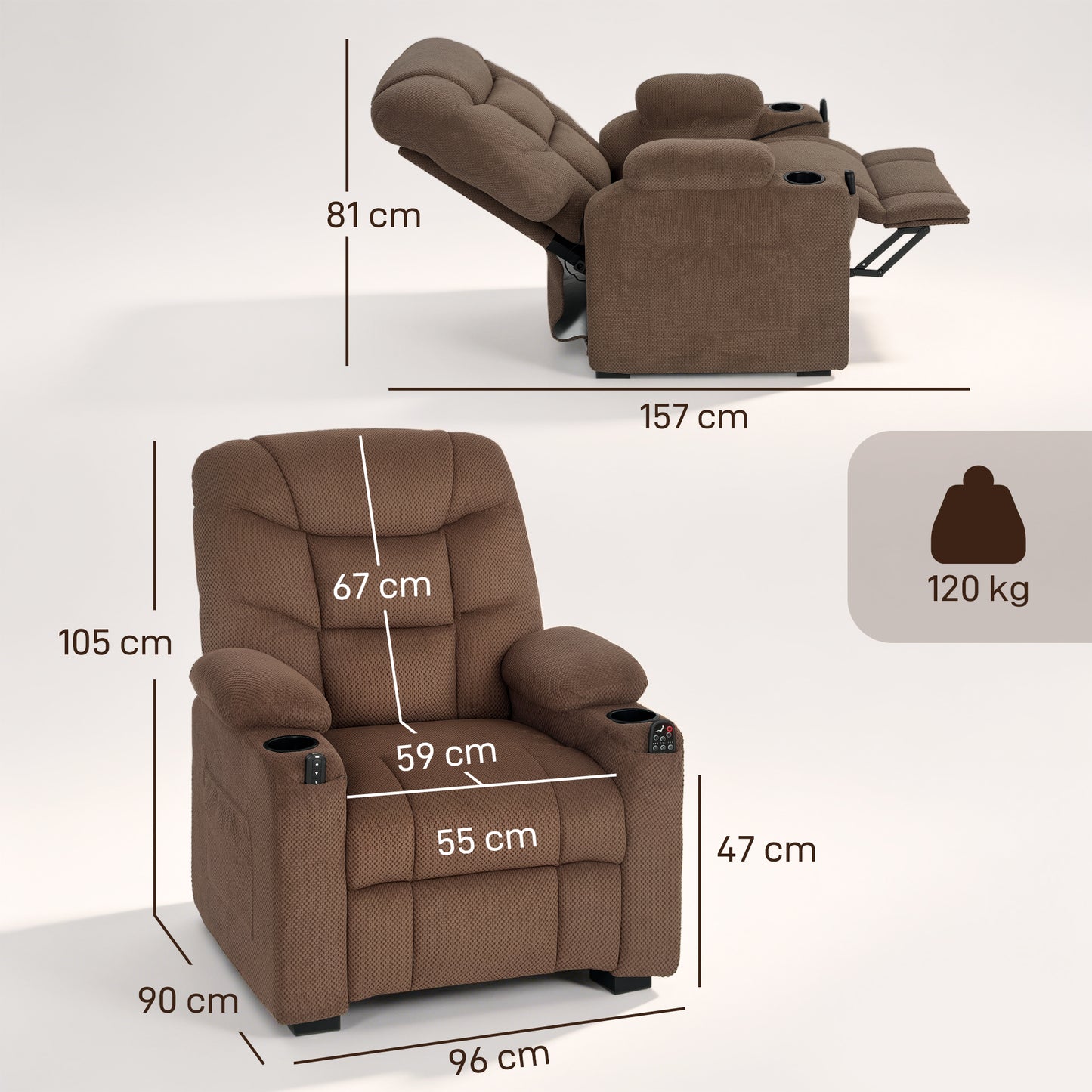 HOMCOM Electric Massage Recliner With Vibration And Heat Memory Function USB Port Footrest Side Pocket Brown
