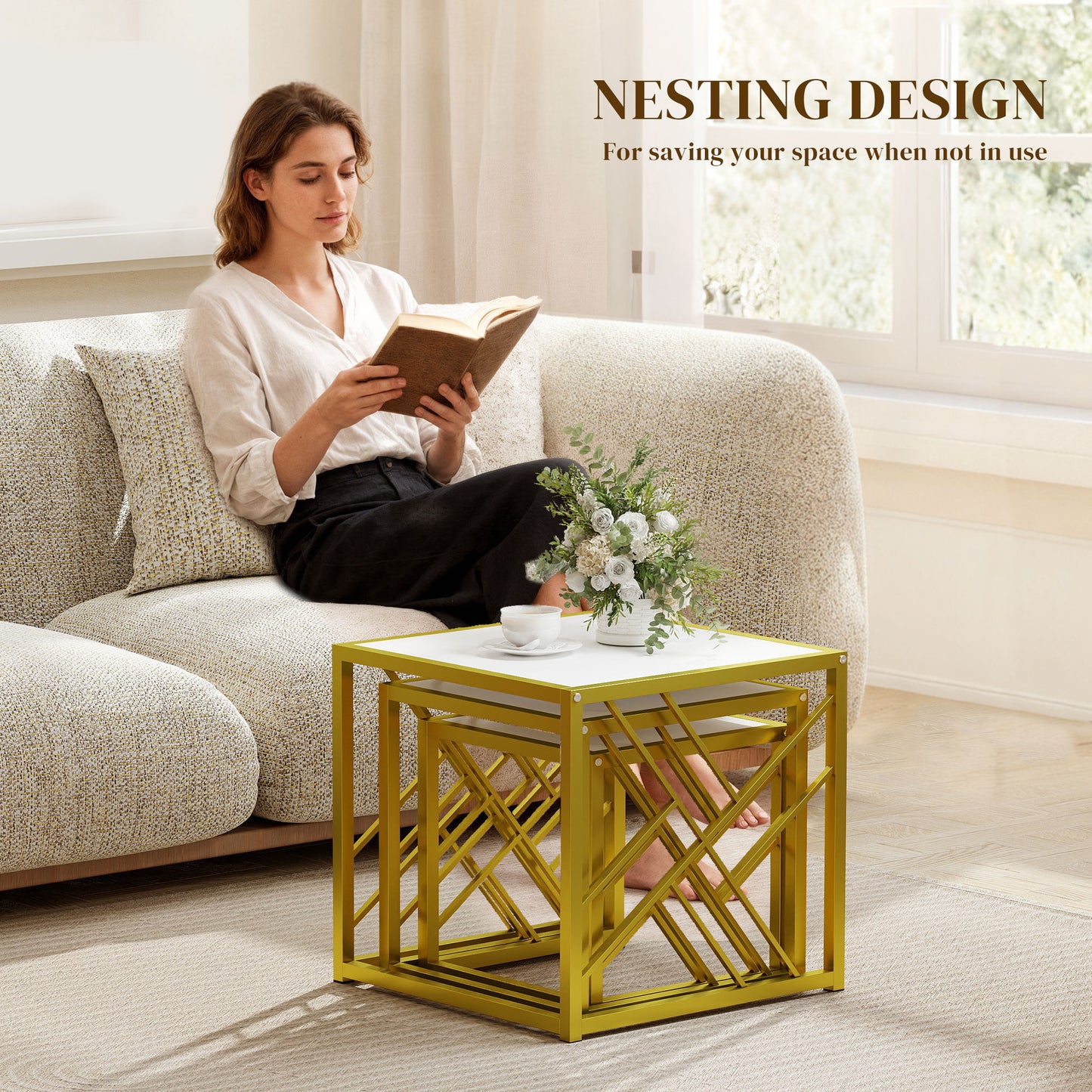 HOMCOM Nesting Coffee Tables Set of 3 Square Side Tables With Black Metal Frame White Finish For Living Room Office