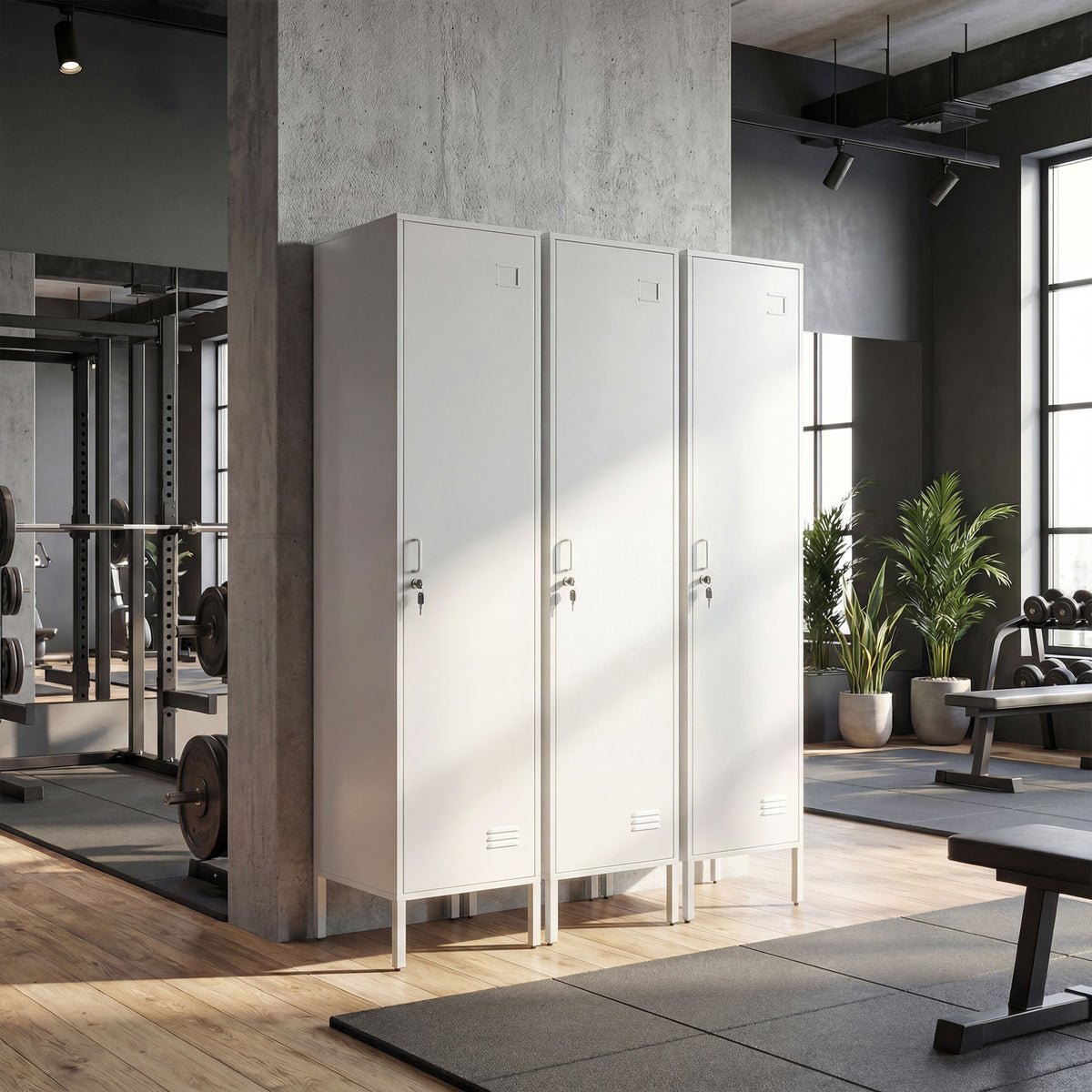 White metal locker cabinet set with lockable doors and built-in hanging rod.
