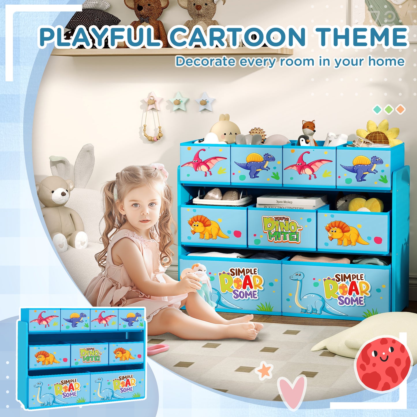 AIYAPLAY 3 Tier Kids Storage Unit With 9 Non Woven Fabric Boxes For Toys And Books In Blue