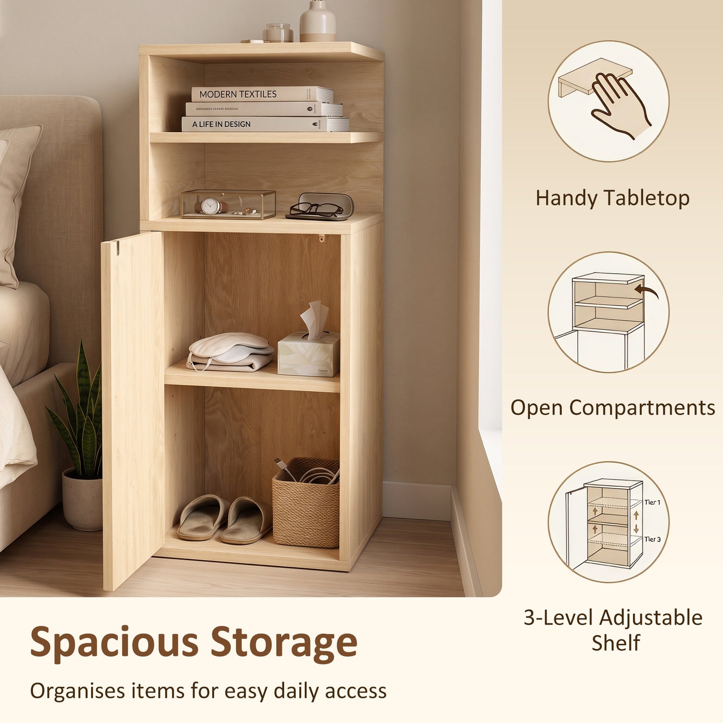 HOMCOM Slim Bedside Table Set Of 2 Narrow Cabinets With Open Cubbies And Cupboard In Oak Finish For Bedroom Living Room