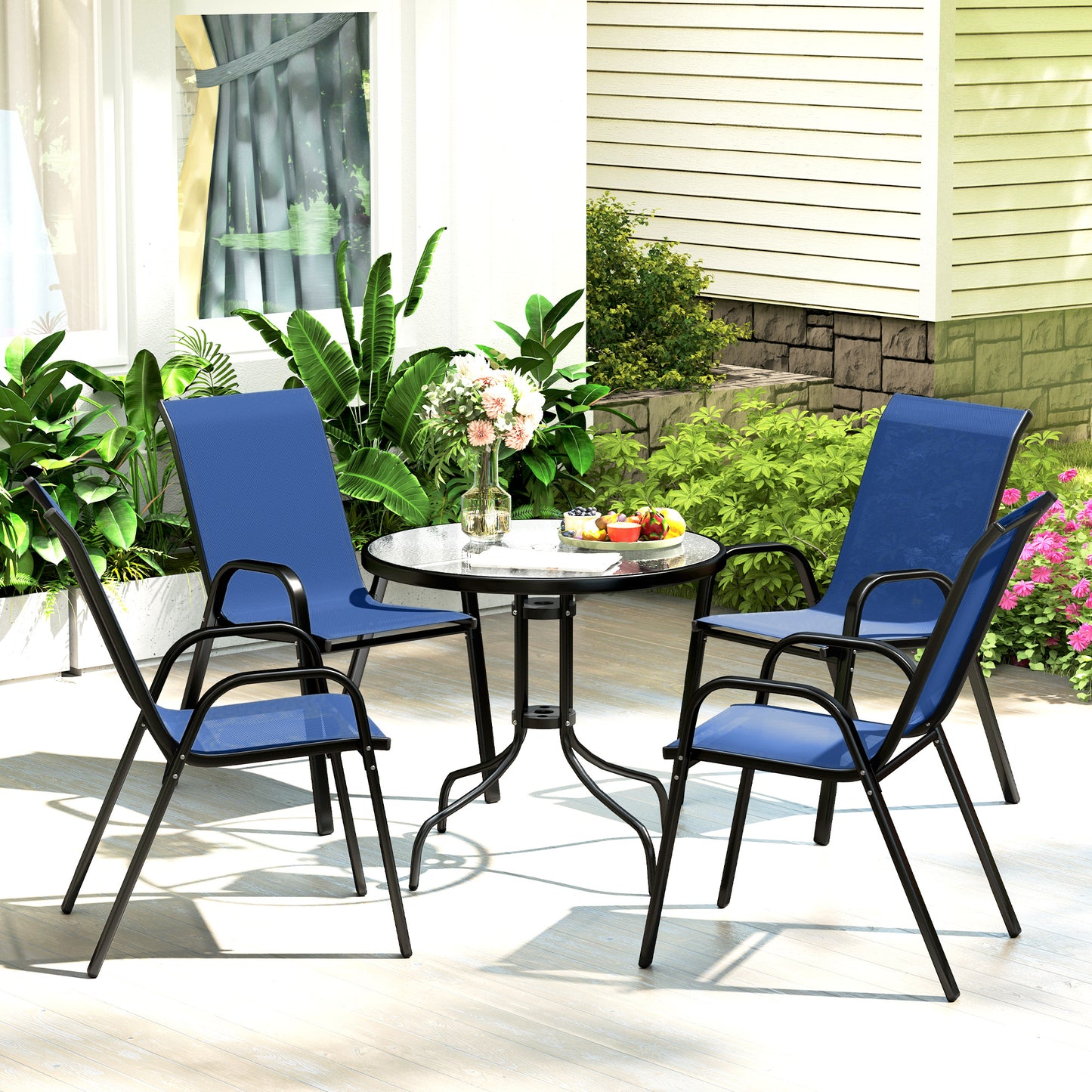 Outsunny Five Piece Steel Patio Set With Glass Top Table And Stackable Chairs Dark Blue