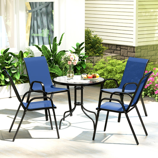 Outsunny Five Piece Steel Patio Set With Glass Top Table And Stackable Chairs Dark Blue