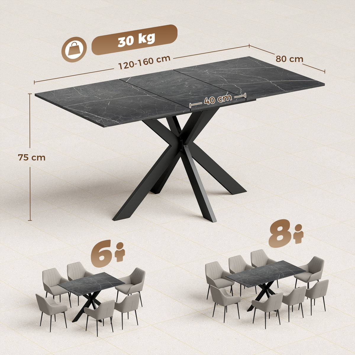 Extendable dining table with black marble-finish top and size layout overlay