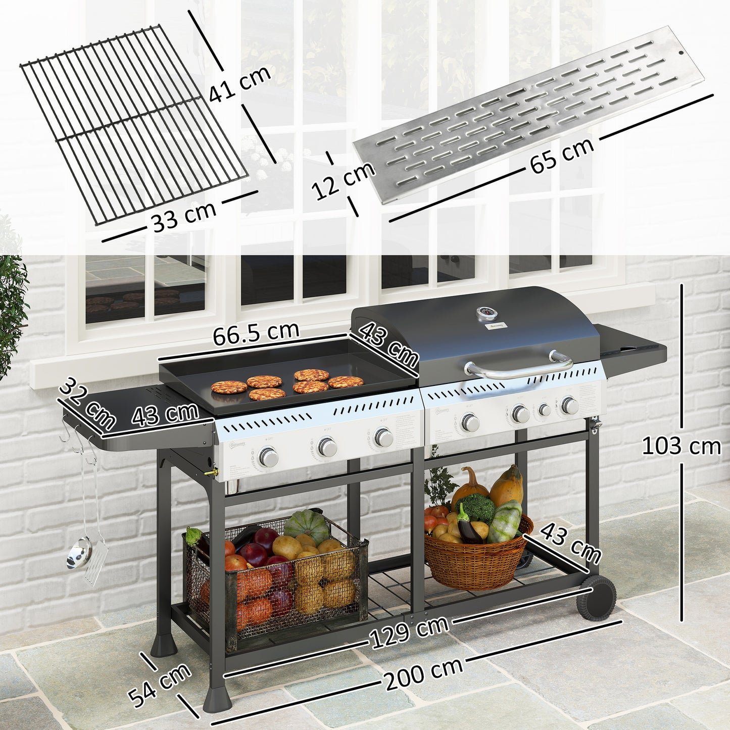 Outsunny Deluxe Duo Gas BBQ With Grill Plancha And Side Burner Large 5565 Cm2 Cooking Surface Black