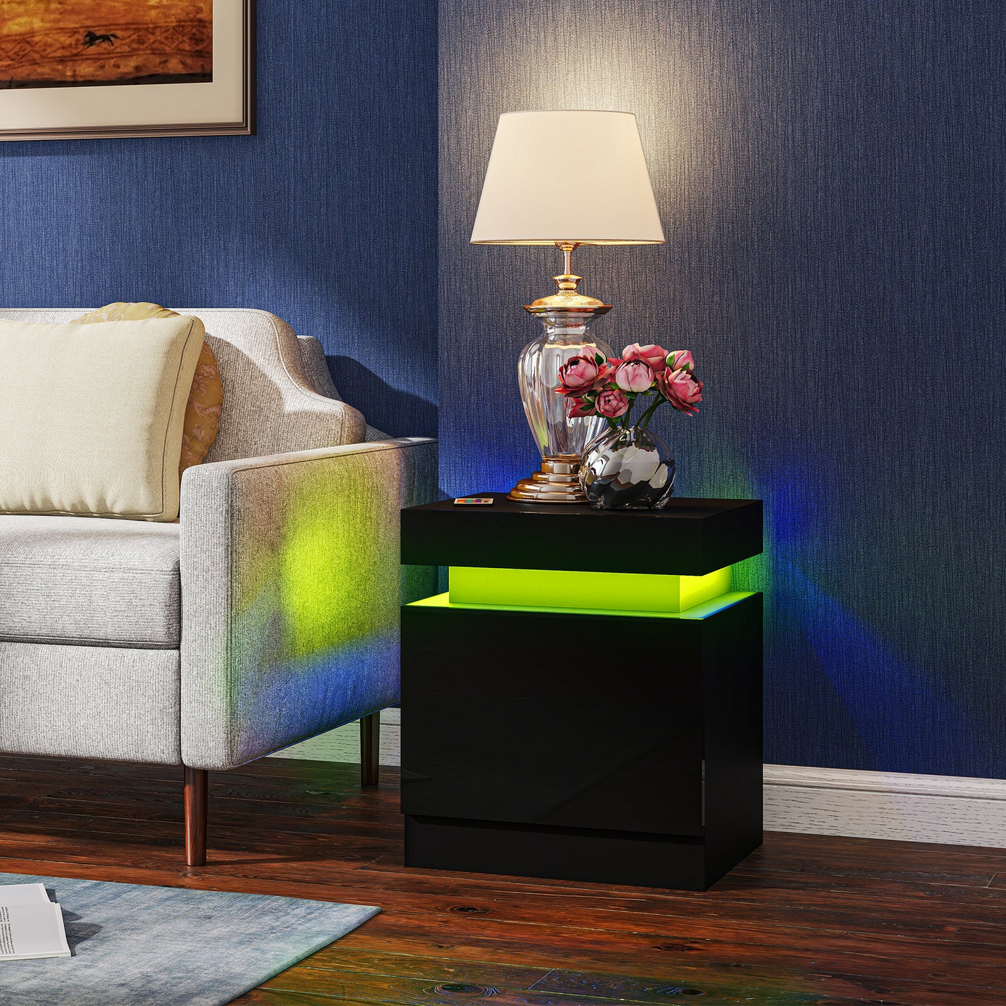 HOMCOM Black LED Bedside Table Set Of 2 With Color Changing Light High Gloss Front Nightstands With Two Drawers