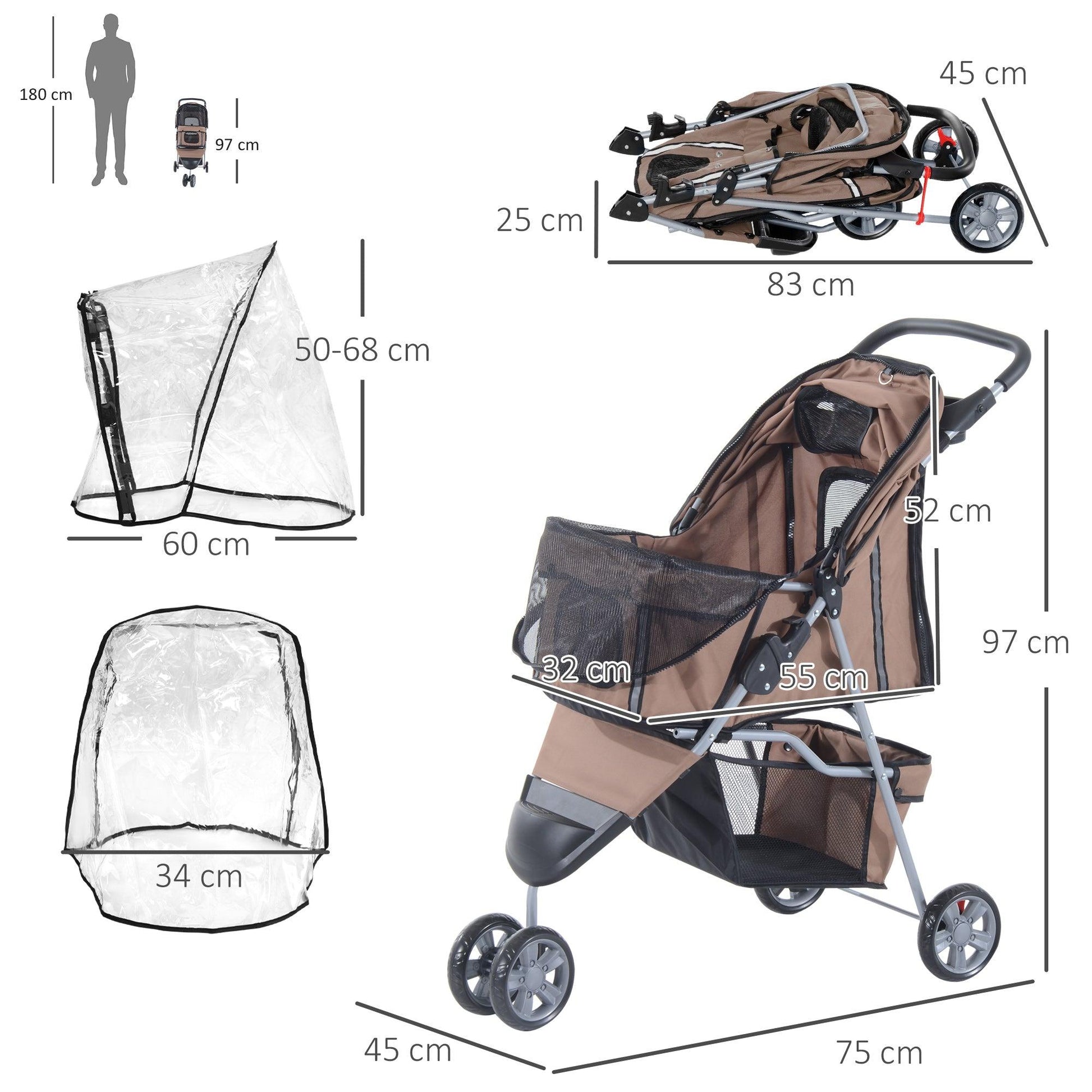 PawHut Folding Dog Stroller with Cover, Brown - ALL4U RETAILER LTD