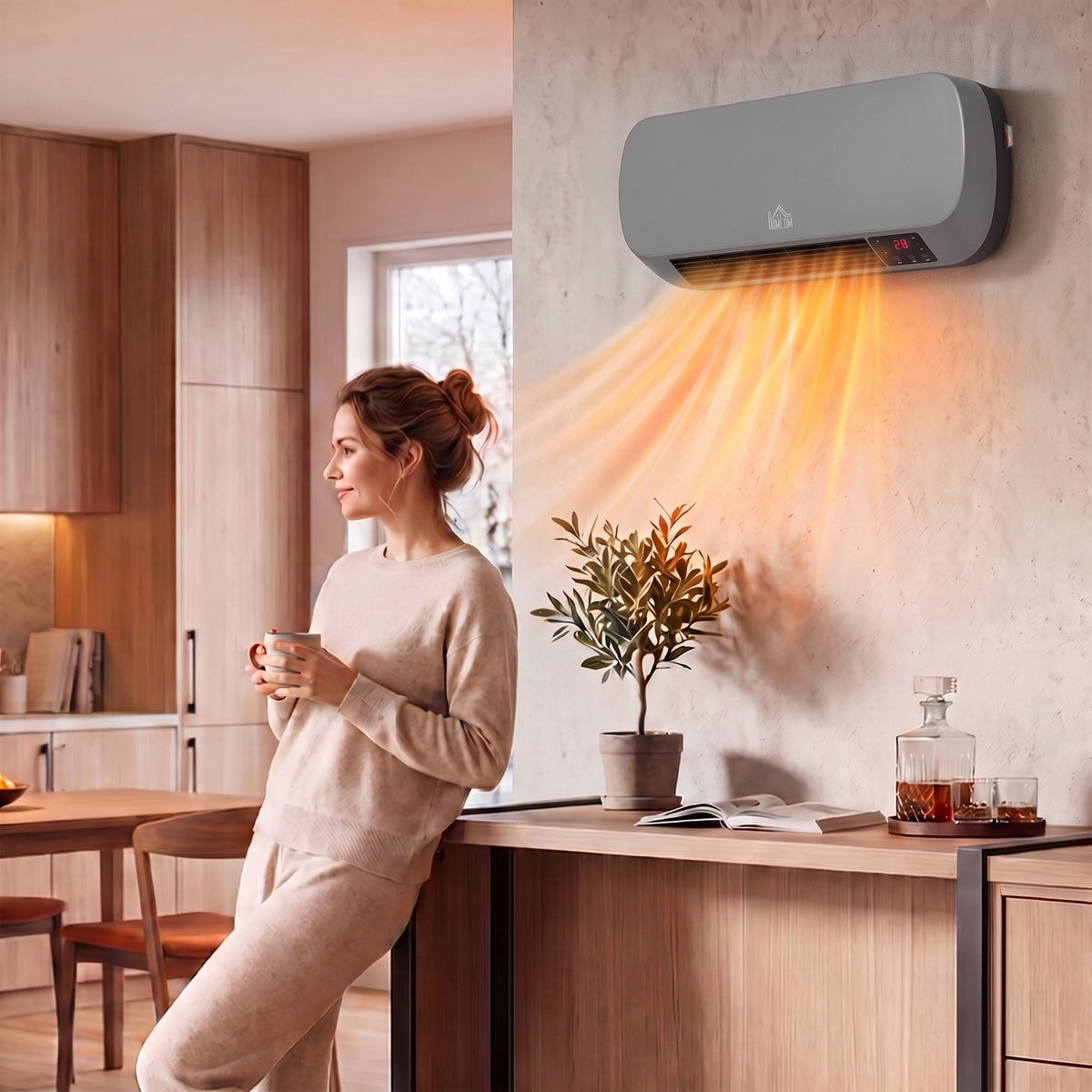 Wall-mounted gray ceramic heater heating a kitchen area with visible warm glow