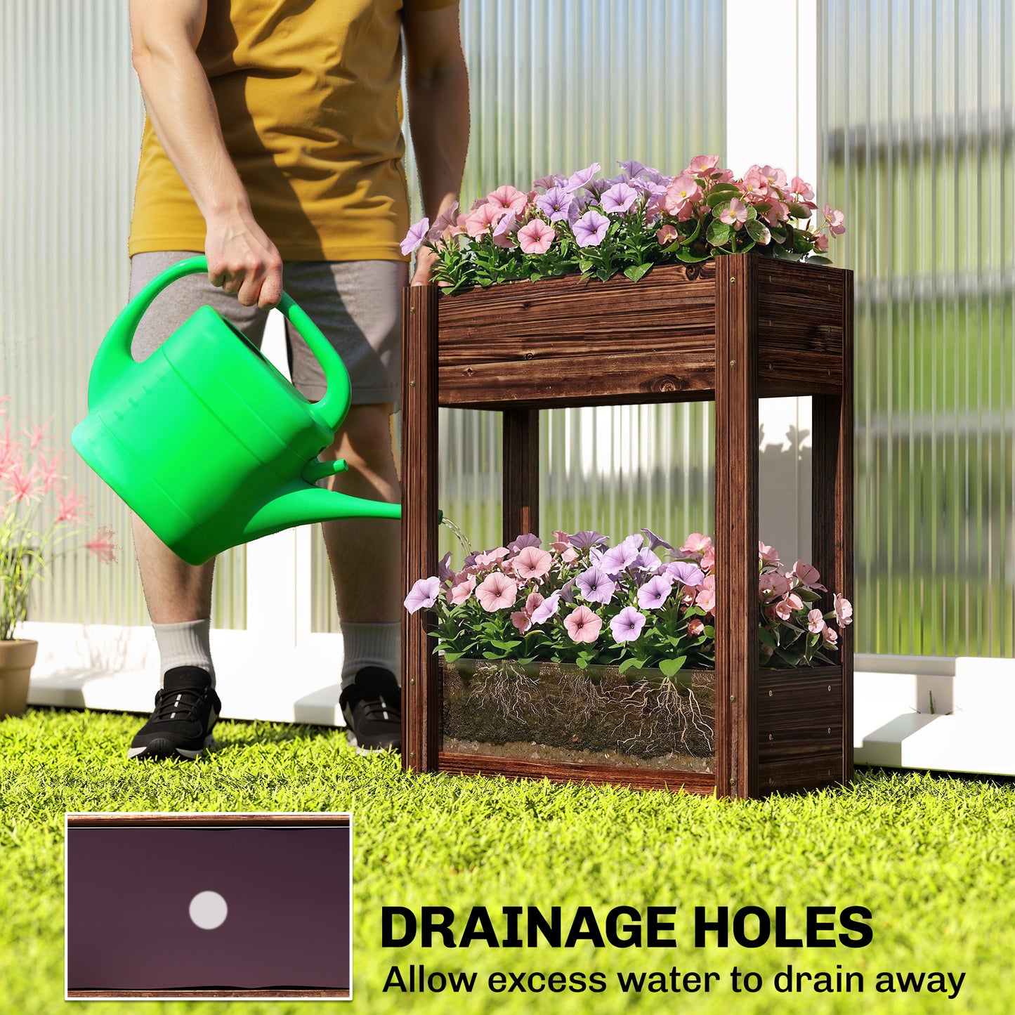 Outsunny 2 Tier Wooden Raised Planter Bed On Legs With Drainage Holes And Bed Liner Elevated Garden Planter
