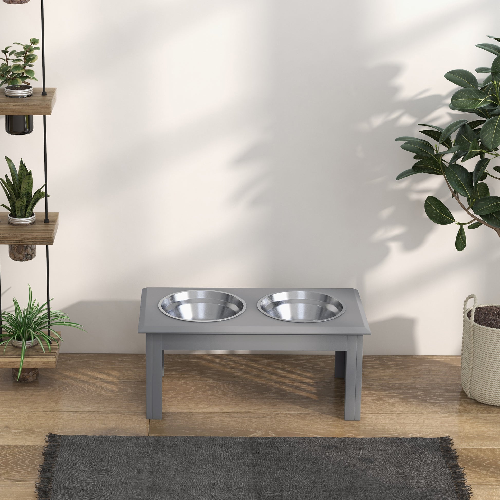 PawHut Elevated Grey Dog Feeding Station with Stainless Steel Bowls for Small and Medium Breeds - ALL4U RETAILER LTD