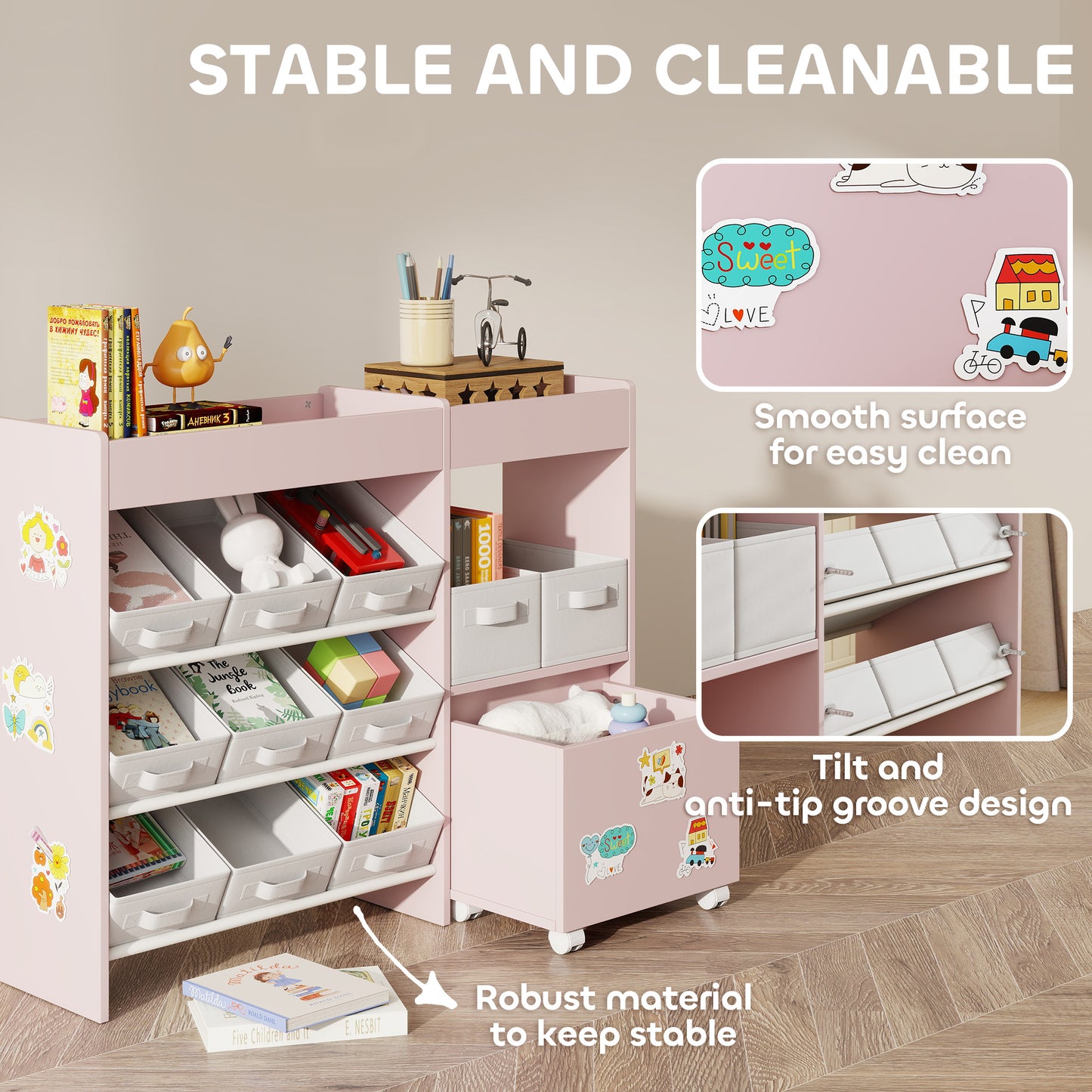 AIYAPLAY Kids Toy Storage Unit With 11 Fabric Bins Cabinet Top Shelves And 3 Stickers Pink For Nursery Playroom