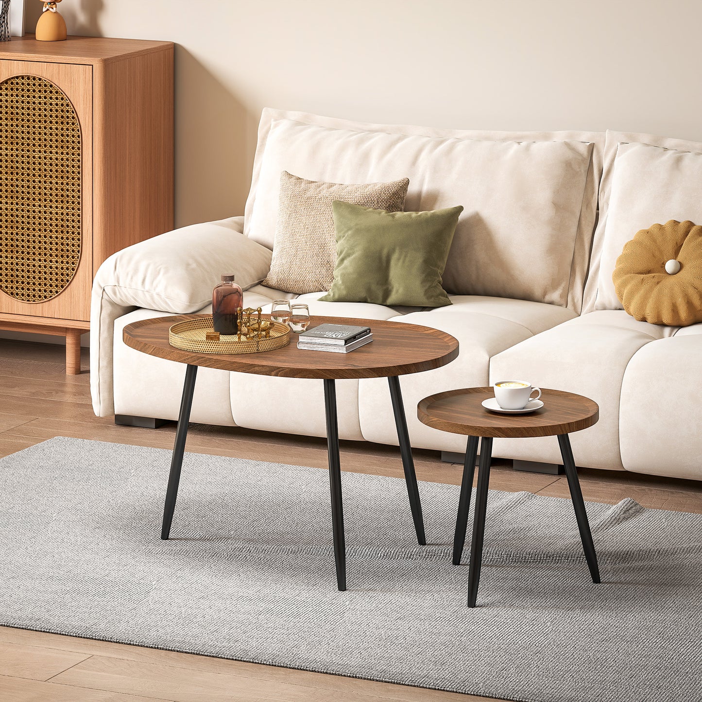 HOMCOM Nesting Coffee Tables Set of 2 80cm Stacking Tables with Metal Legs Chestnut Wood Effect Living Room Office
