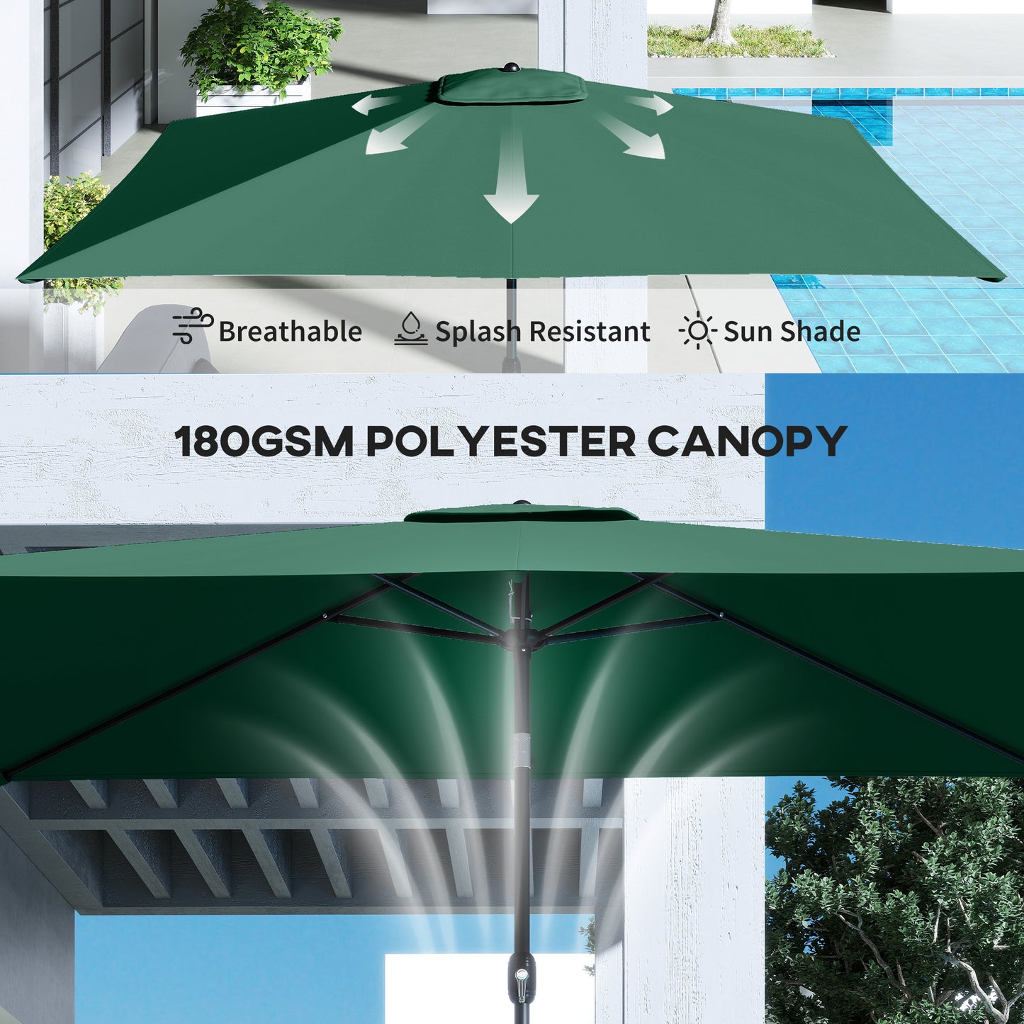 Outsunny Garden Parasol Umbrella With Crank Handle Tilt Function 180g Fade Resistant Polyester Canopy Green