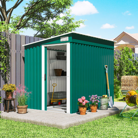Outsunny 7 X 5ft Galvanised Metal Shed With Sliding Door Green Outdoor Storage For Tools And Bikes