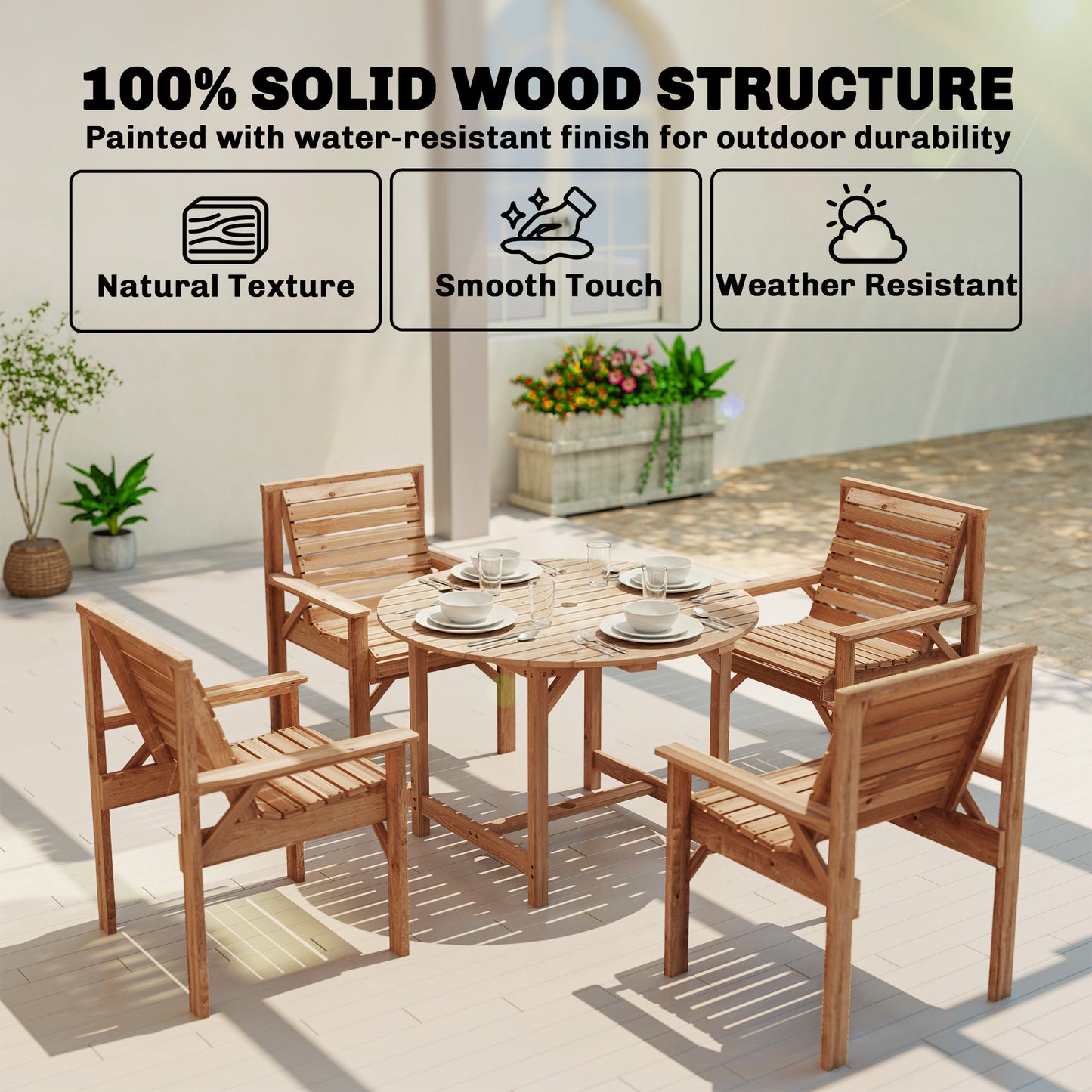 Outsunny 5 Piece Garden Dining Set With Parasol Hole Round Outdoor Table And Chairs 4 Seater Wooden Furniture Natural