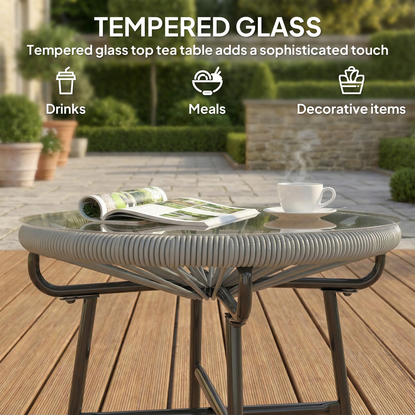 Outsunny Rattan Side Table Round Outdoor Coffee Table With PE Rattan And Tempered Glass Tabletop Light Grey