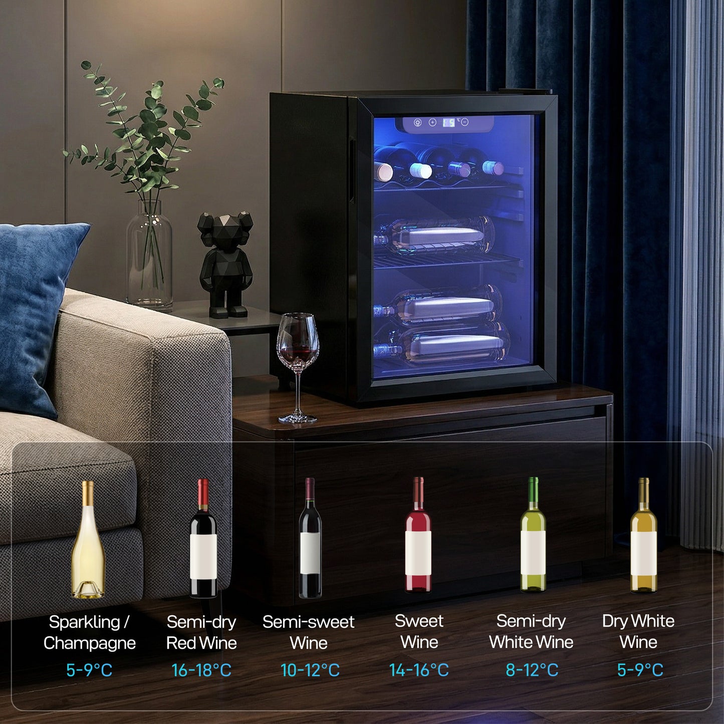 HOMCOM 16 Bottle Wine Cooler 48 Litre Capacity Under Counter Glass Door 4 to 16 Celsius LED Light Black