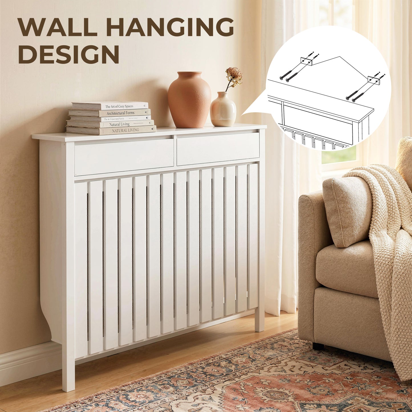 HOMCOM 93 By 119 Cm Rustic Look White Radiator Cover With MDF Construction And Vertical Slats For Safe Heat Flow
