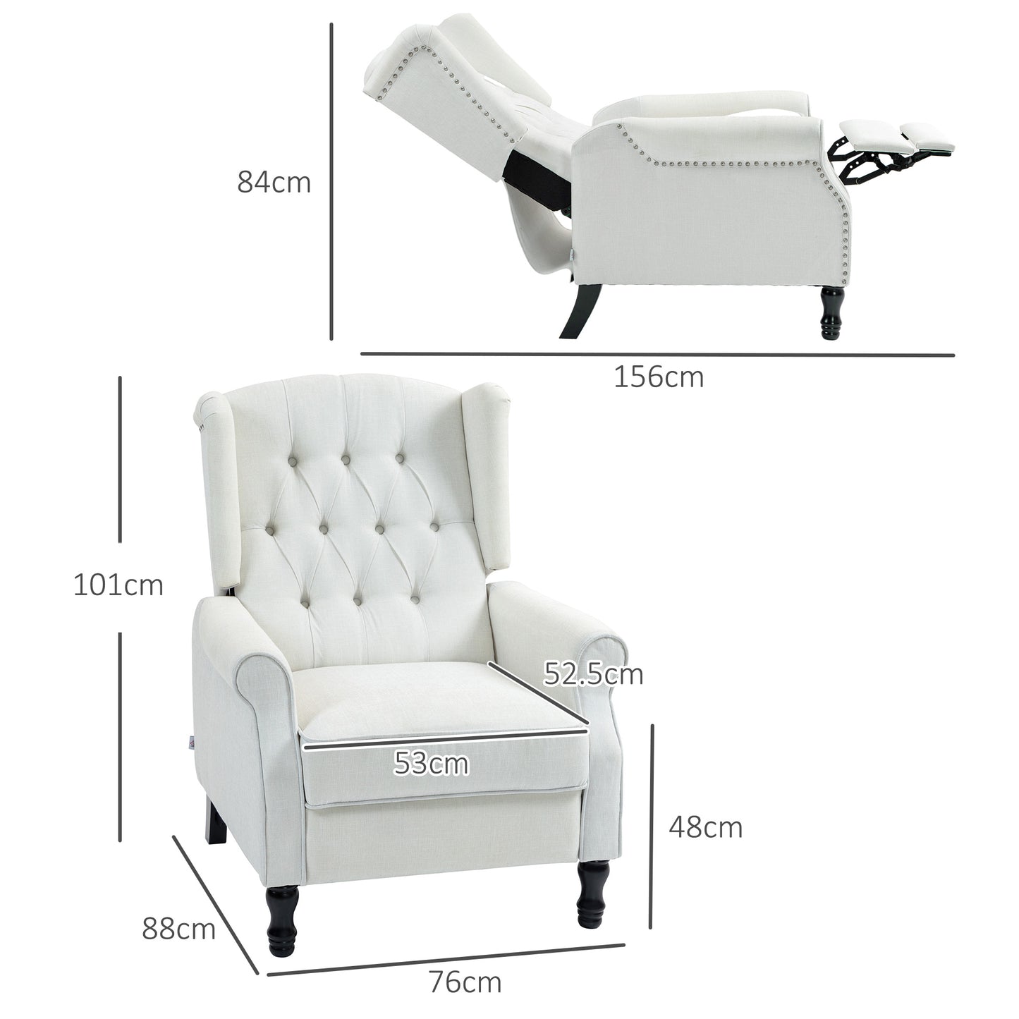 HOMCOM Vintage Cream White Recliner Armchair with Nail Head Trim and Tufted Wingback Design for Relaxation