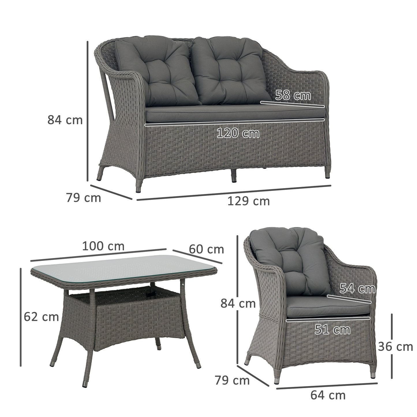 Outsunny Four Piece Rattan Outdoor Furniture Set With Glass Top Table For Patio Light Grey